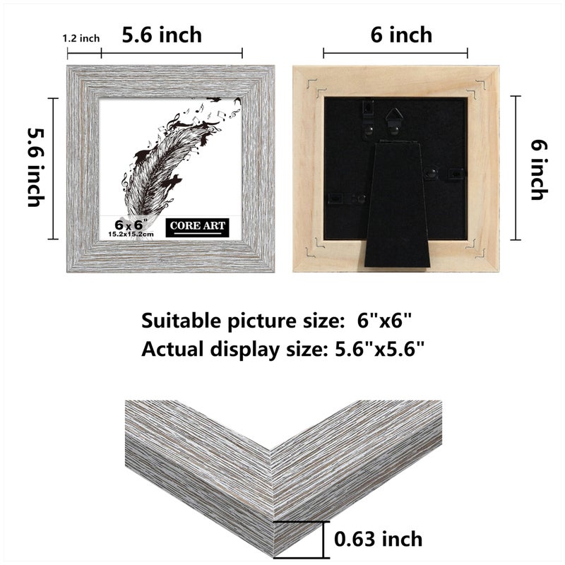 CORE ART 6x6 Picture Frame  Handmade Wood Rustic Gray (Grey) Photo Frame Set of 2  High Definition Semi-tempered Glass Wall or Tabletop Display - Image 2