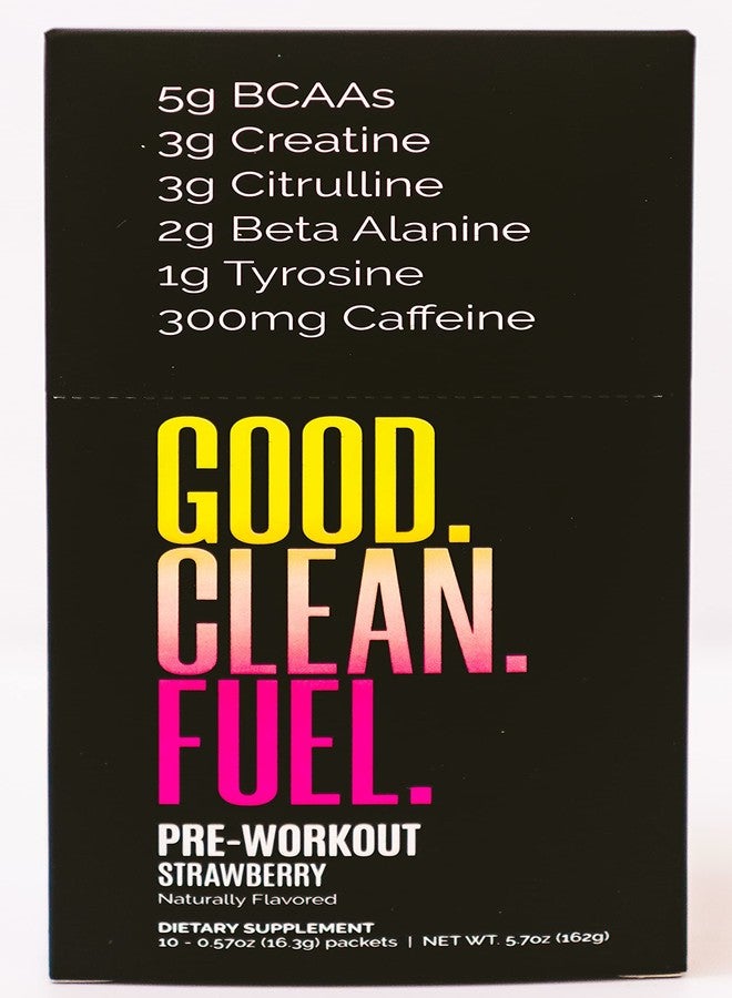 Good Clean Fuel مكمل غذائي قبل التمرين من جود كلين فيول | كافيين | أحماض أمينية متفرعة السلسلة | بيتا ألانين | كرياتين | تيروسين | سيترولين | خالٍ من السكر والمحليات الصناعية | بنكهة الفراولة | عبوة من 10 قطع - Image 1