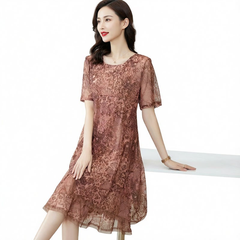 Sheer Mesh Floral Print Loose Fit Midi Dress Plus Size Flowy A-Line Dress - Image 5