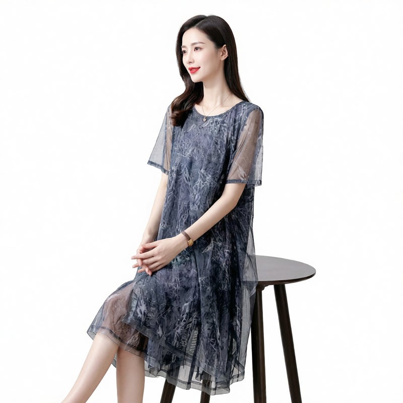 Sheer Mesh Floral Print Loose Fit Midi Dress Plus Size Flowy A-Line Dress - Image 2
