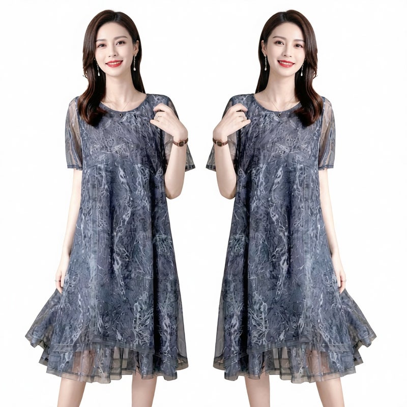 Sheer Mesh Floral Print Loose Fit Midi Dress Plus Size Flowy A-Line Dress - Image 1