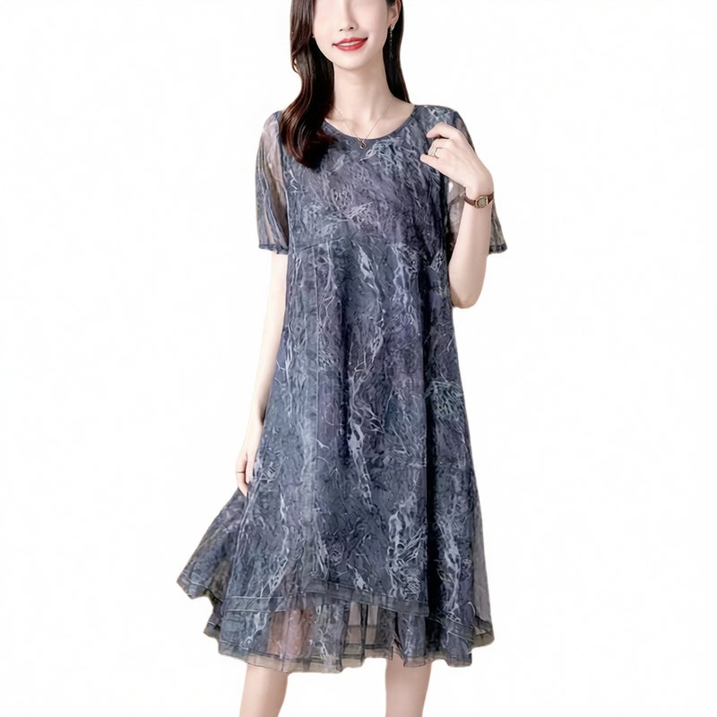Sheer Mesh Floral Print Loose Fit Midi Dress Plus Size Flowy A-Line Dress - Image 4