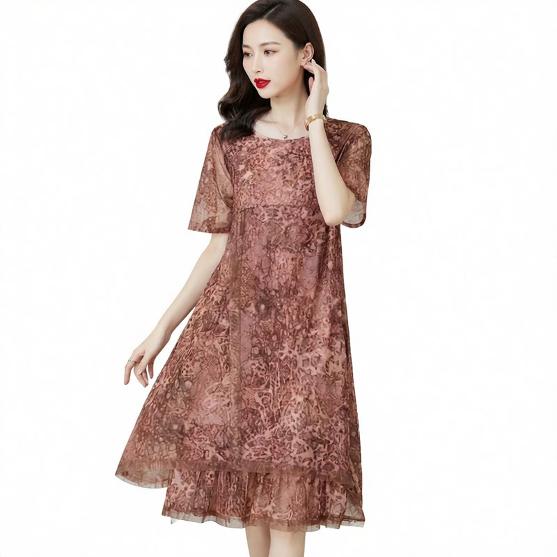 Sheer Mesh Floral Print Loose Fit Midi Dress Plus Size Flowy A-Line Dress - Image 3