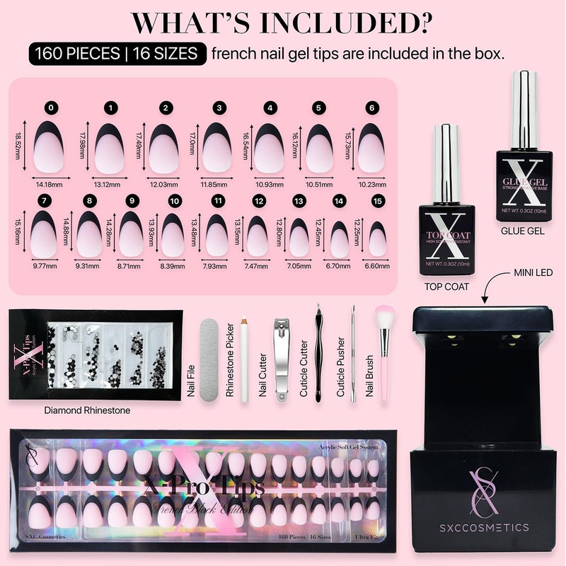 SXC Cosmetics French Tip Press On Nails â€“ Black Series, Medium Square, X-Pro Tips Starter Kit | 150PCS, 15 Sizes, 5 Styles, Beginner-Friendly - Image 3