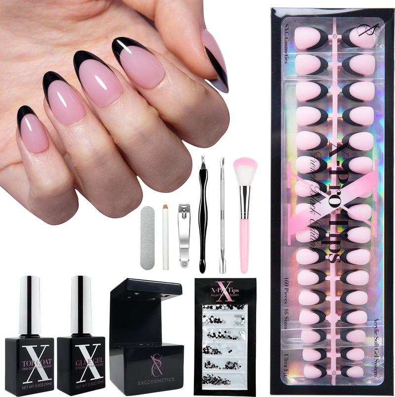 SXC Cosmetics French Tip Press On Nails â€“ Black Series, Medium Square, X-Pro Tips Starter Kit | 150PCS, 15 Sizes, 5 Styles, Beginner-Friendly - Image 1