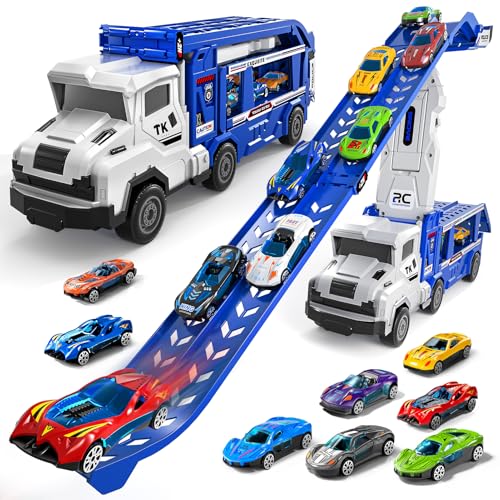 Garbo Star Transport Truck Toys for 3 4 5 6 7 Years Old BoysToys Cars Track Set Transporter Trucks with 12 DieCast Car Toys 2 Race catapults DualTrack ModelToddler Car Toy Set for Kids Boys Girls - Image 1