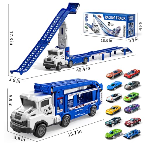 Garbo Star Transport Truck Toys for 3 4 5 6 7 Years Old BoysToys Cars Track Set Transporter Trucks with 12 DieCast Car Toys 2 Race catapults DualTrack ModelToddler Car Toy Set for Kids Boys Girls - Image 5