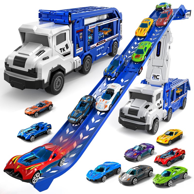 Garbo Star Transport Truck Toys for 3 4 5 6 7 Years Old BoysToys Cars Track Set Transporter Trucks with 12 DieCast Car Toys 2 Race catapults DualTrack ModelToddler Car Toy Set for Kids Boys Girls - Image 3