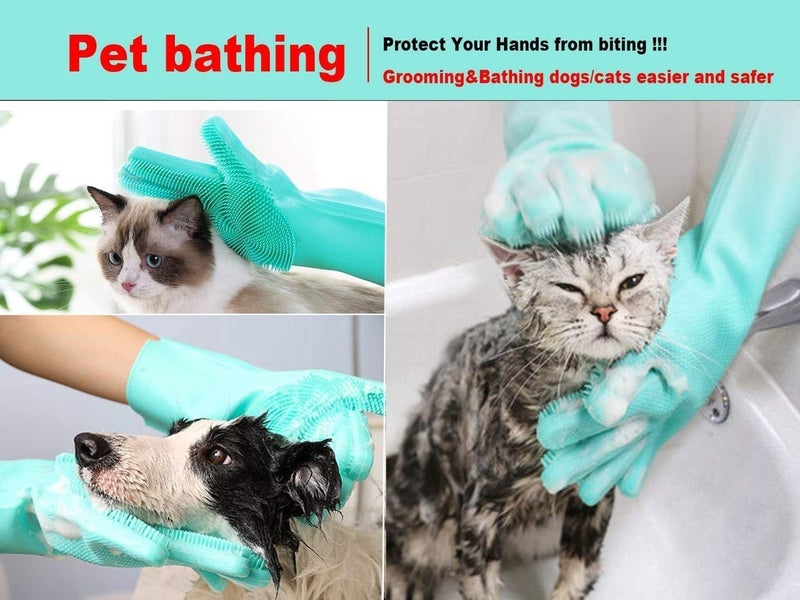 BELAYA Pet Grooming Kit with Silicone Massage Brush and Cleaning Gloves, Turquoise and Blue - Image 3