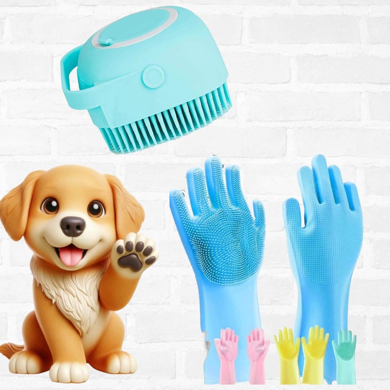 BELAYA Pet Grooming Kit with Silicone Massage Brush and Cleaning Gloves, Turquoise and Blue - Image 1