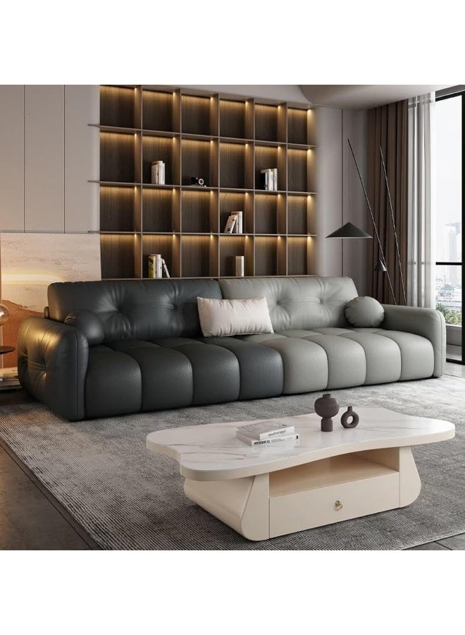 Zayn comforts Tufted Faux Leather Modern Standard Sofa with Square Arm for Home 240x100x85cm (Light Grey Black) - Image 1