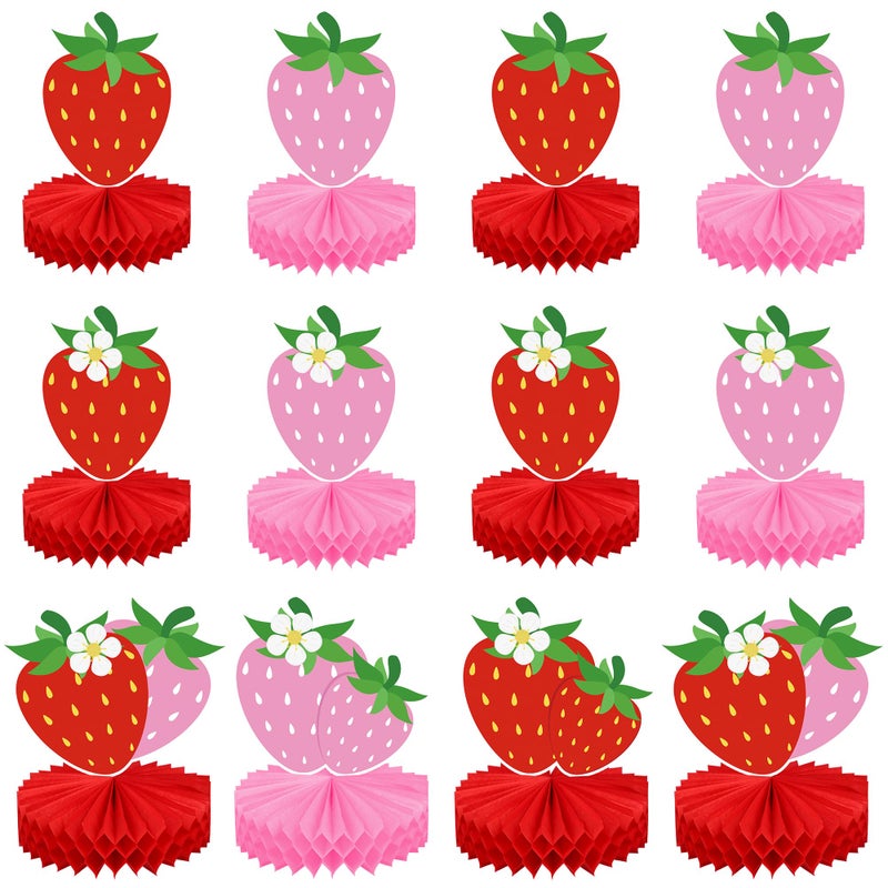 Maniaacer 12 PCS Strawberry Honeycomb Centerpieces Red Pink Strawberry Table Centerpiece Strawberries Paper Centerpiece Party Supplies for Strawberries Theme Party Birthday Decor - Image 1