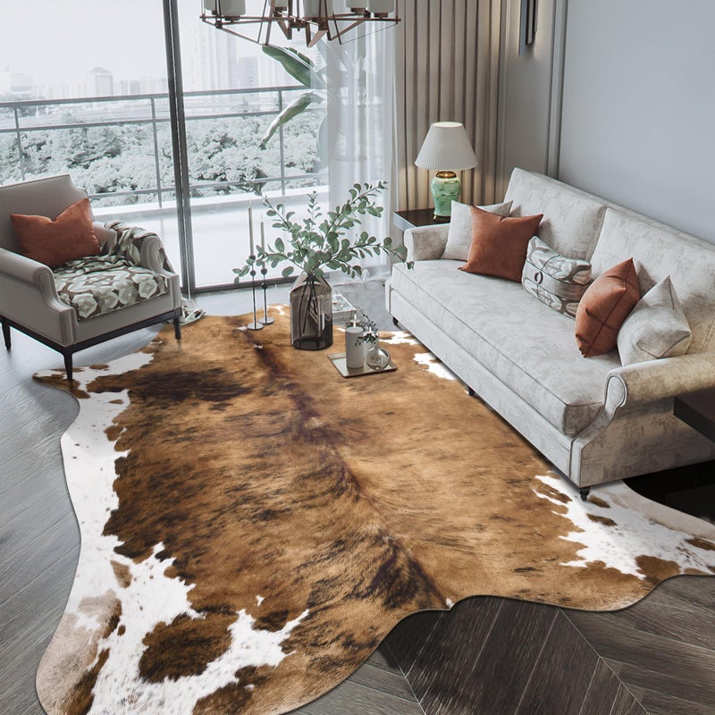 Pettop Luxury Faux Cowhide Rug 4.6x5.2 Feet - Western Cow Print Area Rugs for Living Room, Bedroom, Farmhouse - Premium Western Style Faux Fur Carpet, Non-Slip Animal Hide Throw Rugs (Caramel) - Image 1