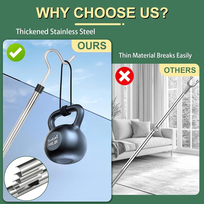 Frebuta Clothes Hook Pole,33 to 80Inch Clothes Hanger Reaching Hook Long Light Hanging Extension Adjustable Clothes Rod Assist Tool Sponge Handle Shutters Pole Ceiling Home Reacher Poles (80in) - Image 4