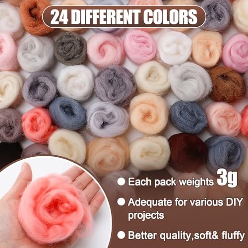 Big Gun 72pcs 7.6 oz Needle Felting Wool- 24 Colors Nature Wool Roving Yarn for Beginners Hand Spinning Felting Supplies, 3g/Pack - Image 2