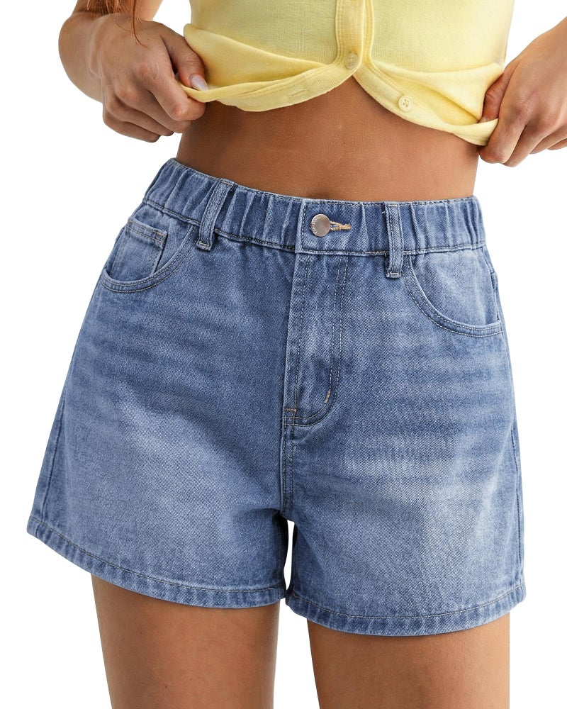 luvamia Jean Shorts for Women High Waisted Baggy Wide Leg Elastic Waist Mom Denim Shorts 4" Inseam Casual Summer Jorts Bay Blue Size Medium Fits US 8-10 - Image 1