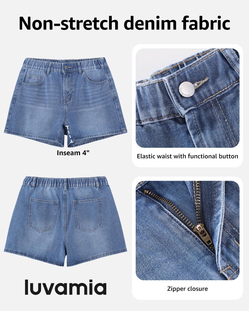 luvamia Jean Shorts for Women High Waisted Baggy Wide Leg Elastic Waist Mom Denim Shorts 4" Inseam Casual Summer Jorts Bay Blue Size Medium Fits US 8-10 - Image 4