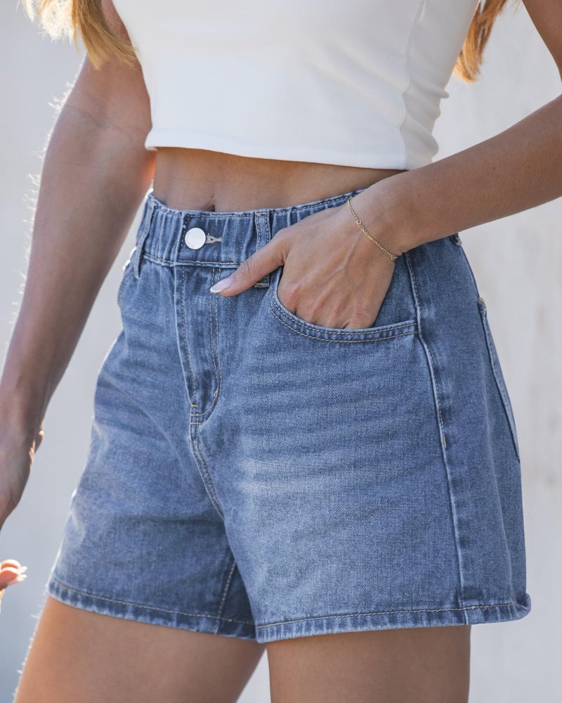 luvamia Jean Shorts for Women High Waisted Baggy Wide Leg Elastic Waist Mom Denim Shorts 4" Inseam Casual Summer Jorts Bay Blue Size Medium Fits US 8-10 - Image 5