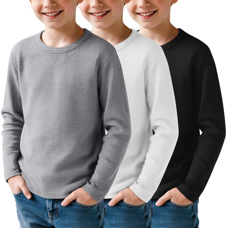 LessonZoo 3 Pack Boys Waffle Long Sleeve T-Shirts 5-14 Years Kids Thermal Crew Neck Tops Youth Fall Warm Shirts Basic Tees(Gray, White, Black,9-10 Years) - Image 1