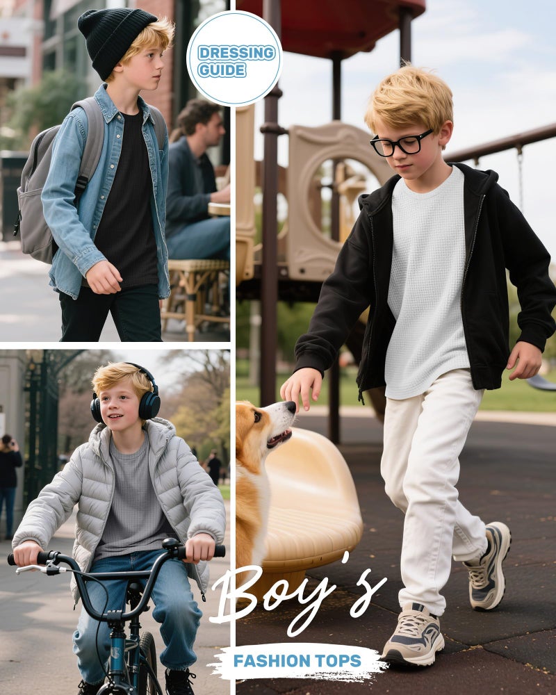 LessonZoo 3 Pack Boys Waffle Long Sleeve T-Shirts 5-14 Years Kids Thermal Crew Neck Tops Youth Fall Warm Shirts Basic Tees(Gray, White, Black,9-10 Years) - Image 4
