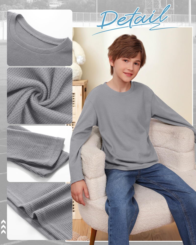 LessonZoo 3 Pack Boys Waffle Long Sleeve T-Shirts 5-14 Years Kids Thermal Crew Neck Tops Youth Fall Warm Shirts Basic Tees(Gray, White, Black,9-10 Years) - Image 5