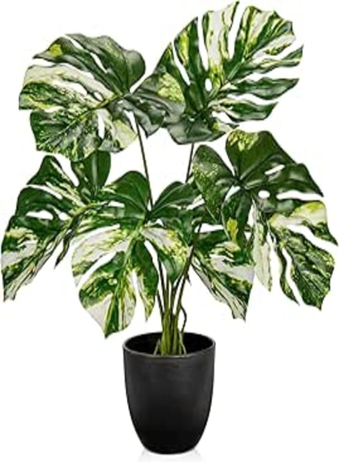 Briful Fake Plants Variegated Monstera Leaves Faux Plant Indoor in Black Pot Artificial Potted Plant Houseplant for Home Decor Patio Farmhouse Kitchen Bathroom