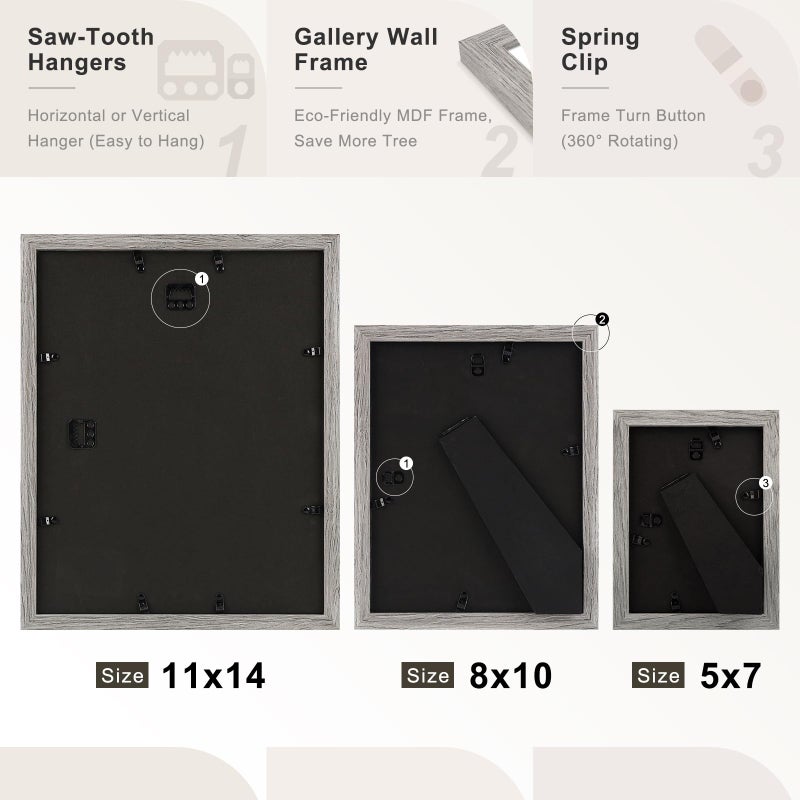 Frametory, Gallery Wall Frame Set of 7 Multiple Sizes 11x14, 8x10, 5x7 Picture Frame Collage with White Mat for Prints, with Real Glass (Grey) - Image 4