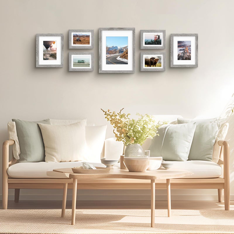 Frametory, Gallery Wall Frame Set of 7 Multiple Sizes 11x14, 8x10, 5x7 Picture Frame Collage with White Mat for Prints, with Real Glass (Grey) - Image 2