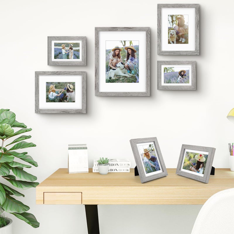 Frametory, Gallery Wall Frame Set of 7 Multiple Sizes 11x14, 8x10, 5x7 Picture Frame Collage with White Mat for Prints, with Real Glass (Grey) - Image 5