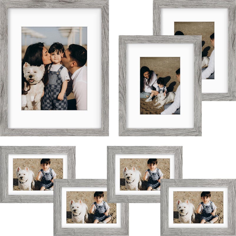 Frametory, Gallery Wall Frame Set of 7 Multiple Sizes 11x14, 8x10, 5x7 Picture Frame Collage with White Mat for Prints, with Real Glass (Grey) - Image 1