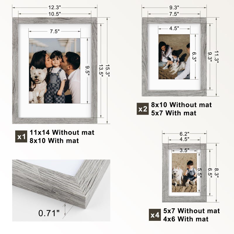Frametory, Gallery Wall Frame Set of 7 Multiple Sizes 11x14, 8x10, 5x7 Picture Frame Collage with White Mat for Prints, with Real Glass (Grey) - Image 3