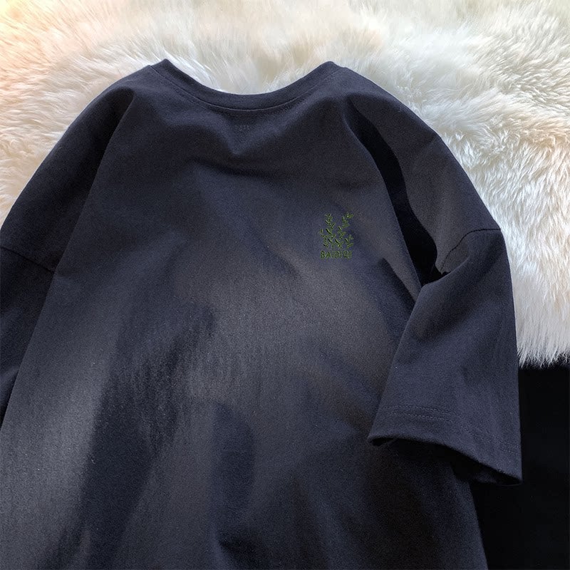 Embroidery heavyweight 100% pure cotton short-sleeved T-shirt men's fashion brand ins loose T-shirt summer leaf embroidered T-shirt top - Image 2