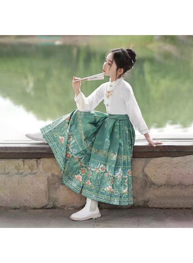 LUOBOBEIBEI Luobu Beibei Ma Face Skirt, Girls' Hanfu Summer Style, Children's Chinese-style Outfit, Spring And Autumn Ancient Costume Formal Wear, Green Long-sleeve Set, Size 140 - Image 2