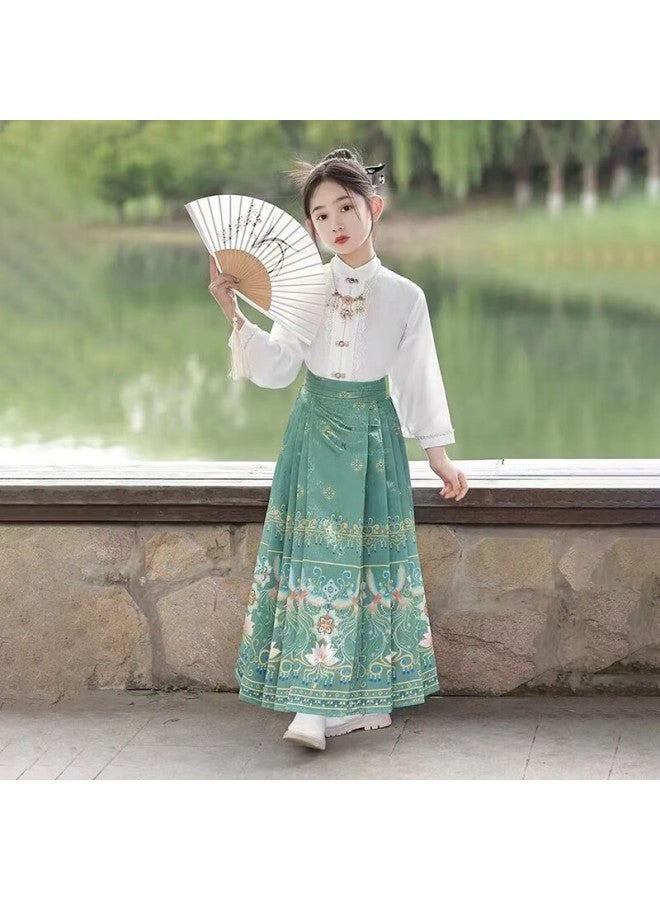LUOBOBEIBEI Luobu Beibei Ma Face Skirt, Girls' Hanfu Summer Style, Children's Chinese-style Outfit, Spring And Autumn Ancient Costume Formal Wear, Green Long-sleeve Set, Size 140 - Image 4