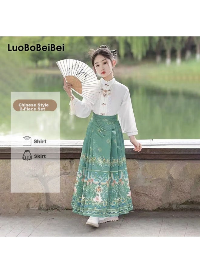 LUOBOBEIBEI Luobu Beibei Ma Face Skirt, Girls' Hanfu Summer Style, Children's Chinese-style Outfit, Spring And Autumn Ancient Costume Formal Wear, Green Long-sleeve Set, Size 140 - Image 1