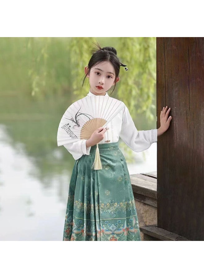 LUOBOBEIBEI Luobu Beibei Ma Face Skirt, Girls' Hanfu Summer Style, Children's Chinese-style Outfit, Spring And Autumn Ancient Costume Formal Wear, Green Long-sleeve Set, Size 140 - Image 3