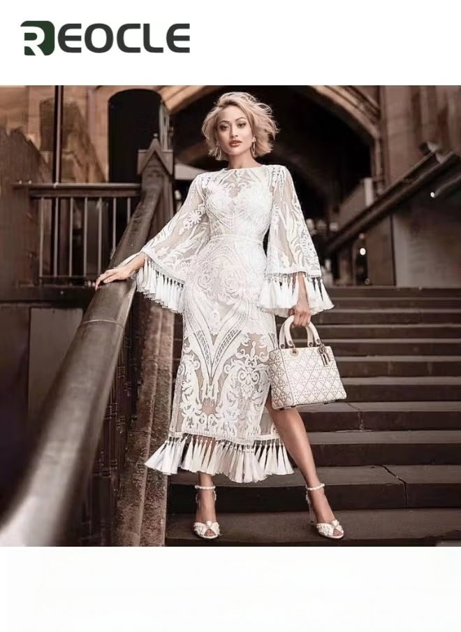 REOCLE Women's Lace Embroidery Long Dress Tassel High Waist Round Neck Bell Sleeves with Zipper Gown Vintage Floral Party Long Maxi Dress - Image 2