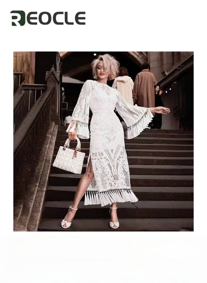REOCLE Women's Lace Embroidery Long Dress Tassel High Waist Round Neck Bell Sleeves with Zipper Gown Vintage Floral Party Long Maxi Dress - Image 1