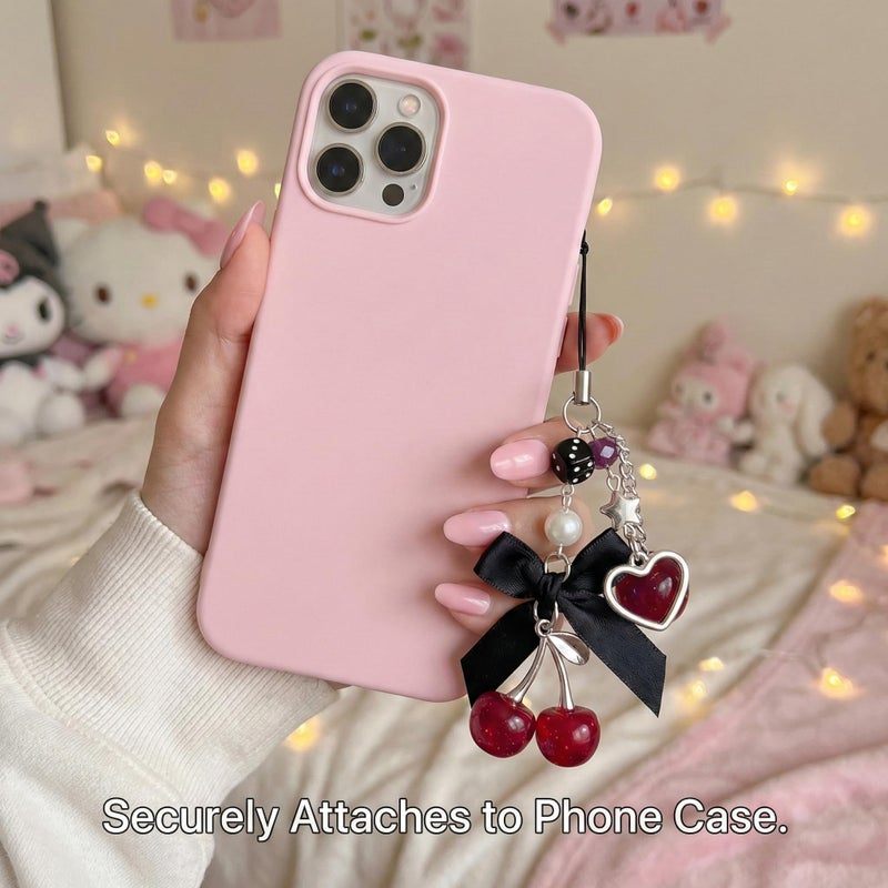Nalefow Phone Charms Strap Cute Cherry CellPhone Straps Aesthetic Pink Red Black BlueCherry Phone Chain for Camera Keychain Bag Pendant Decor Gift (Cherry Apple) - Image 2