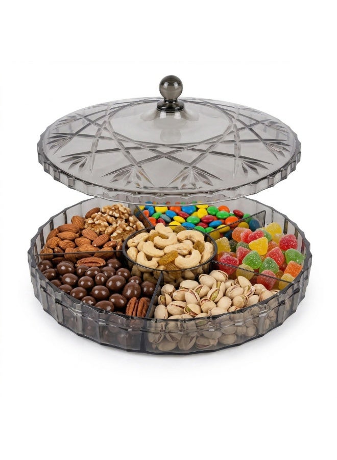 Round Snack Serving Tray with Lid, 6 Compartment Acrylic Organizer for Nuts, Candy, Chocolate, Dry Fruits, Kahk, Biscuits and Hospitality - Famieh - Image 1