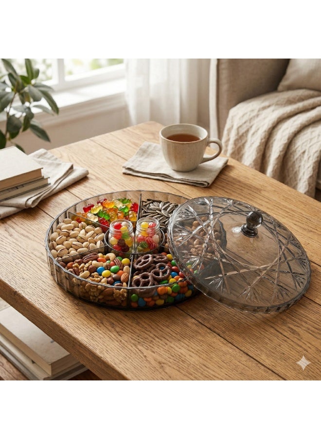Round Snack Serving Tray with Lid, 6 Compartment Acrylic Organizer for Nuts, Candy, Chocolate, Dry Fruits, Kahk, Biscuits and Hospitality - Famieh - Image 3