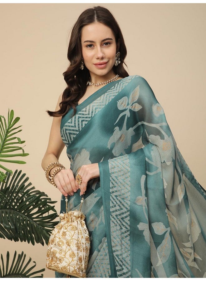 RATAN Women's Georgette Printed Saree with Unstitched Blouse Piece (RDHB-BP-21894_Teal) - Image 4