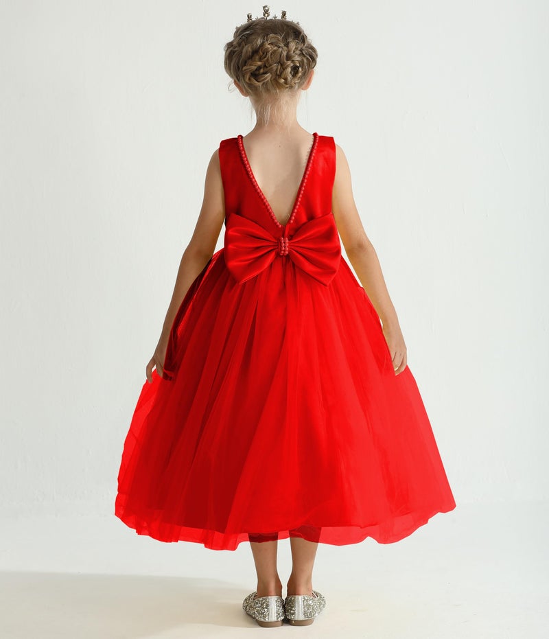 Uhnice Flower Girl Pearls Dress V-Back Tulle Ball Gown Satin Prom with Bow-Knot for Wedding Pageant Birthday Party (Red, 130/7-8 Years) - Image 2