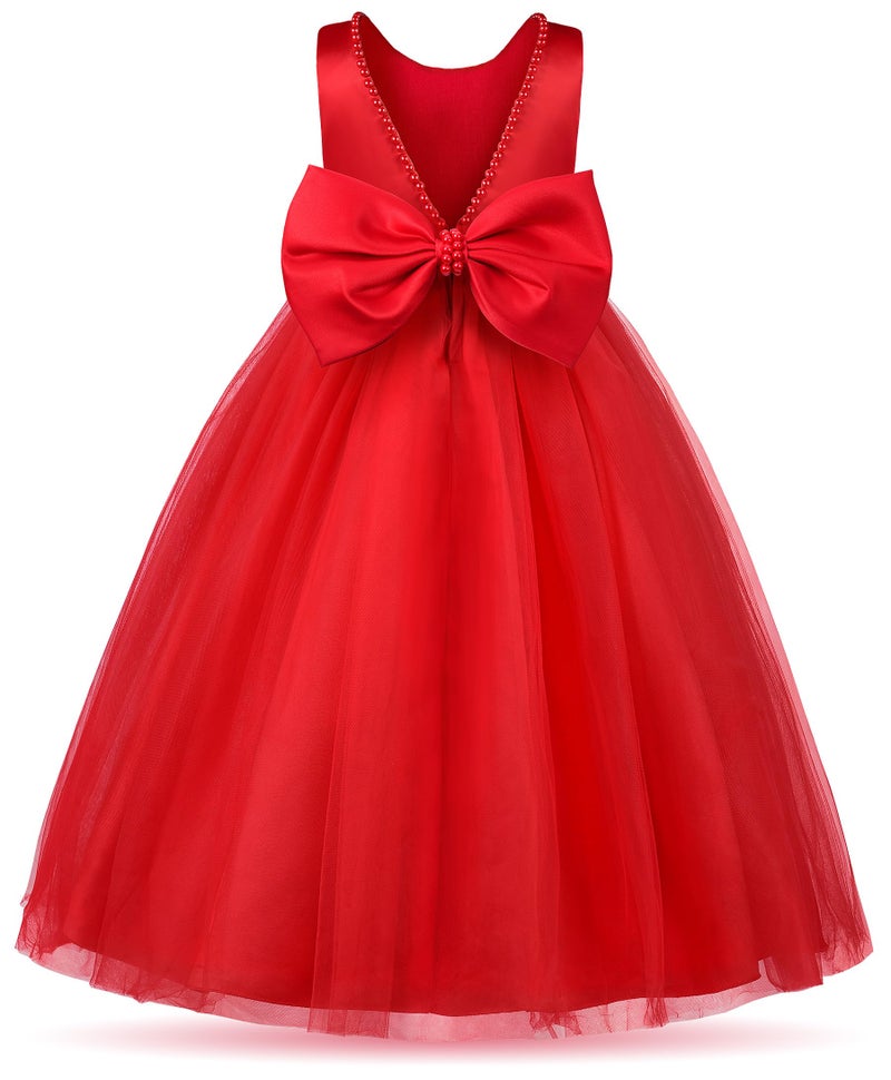 Uhnice Flower Girl Pearls Dress V-Back Tulle Ball Gown Satin Prom with Bow-Knot for Wedding Pageant Birthday Party (Red, 130/7-8 Years) - Image 1