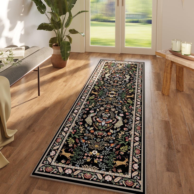 Runner Rug Washable Kitchen 26x8 Rug for Entryway Indoor Floral NonSlip Soft Carpet Runner for Hallways Kitchen Laundry Bedroom Bathroom Vibrant Black