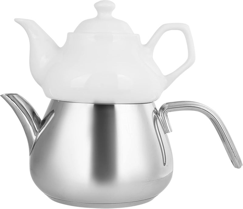 Karaca | Layla Teapot Set, Stainless Steel, Tea Pot 1L (2.2Lb), Kettle 1.75L (3.85Lb), Silver, Transparent, Tea Maker, Kettle, Turkish Tea Kettle, Tea Maker, Induction Safe