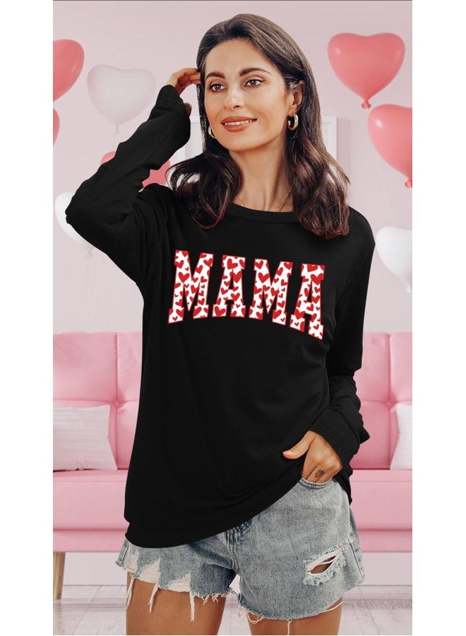 PICKID Mama Sweatshirt Women Valentines Day Shirt Red Hearts In Mama Graphic Sweatshirt Mother Gift Pullover Tops, Black, XL - Image 3
