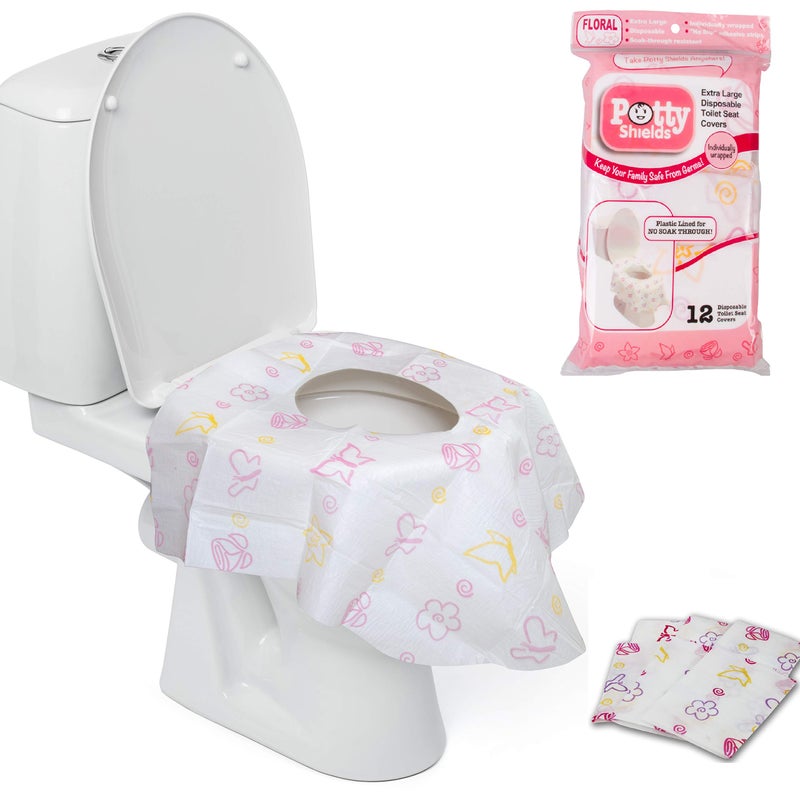 Potty Shields أغطية مقاعد المرحاض القابلة للتصرف (12 عبوة، مزهر) - غطاء مرحاض XL مقاوم للماء للأطفال، والكبار - محمول ومغلف بشكل فردي للسفر، وتدريب الأطفال على استخدام المرحاض، والحمامات العامة - Image 1