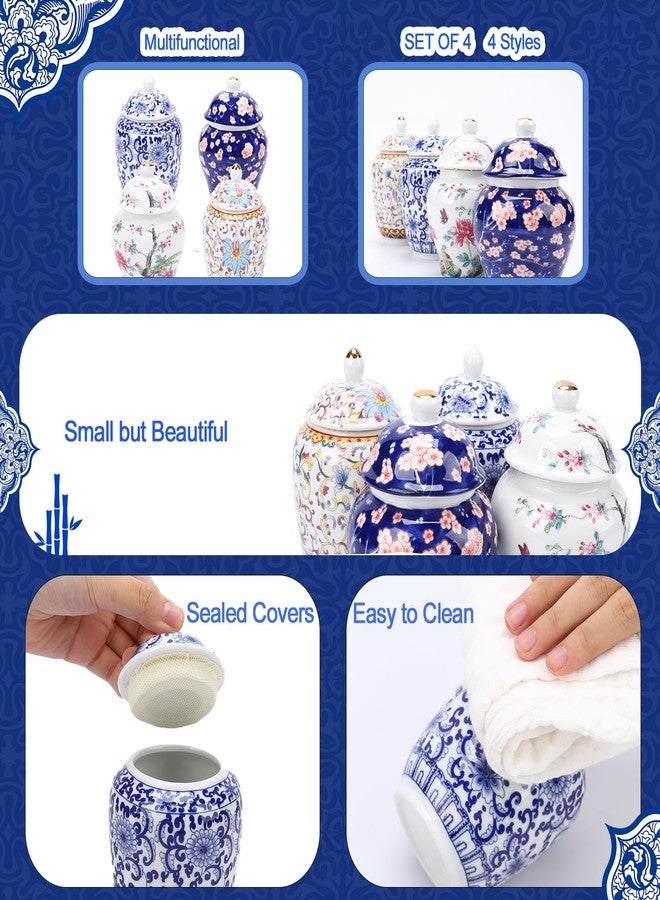 BUWUSMU Set of 4 Small Blue and White Chinoiserie Porcelain Vases - Ginger Jars for Home Decor, Bedroom, Living Room, Console Table Top Decor - Table Accent Shelf (Vibrant) - Image 3
