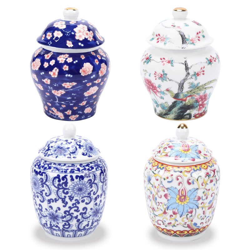 BUWUSMU Set of 4 Small Blue and White Chinoiserie Porcelain Vases - Ginger Jars for Home Decor, Bedroom, Living Room, Console Table Top Decor - Table Accent Shelf (Vibrant) - Image 1